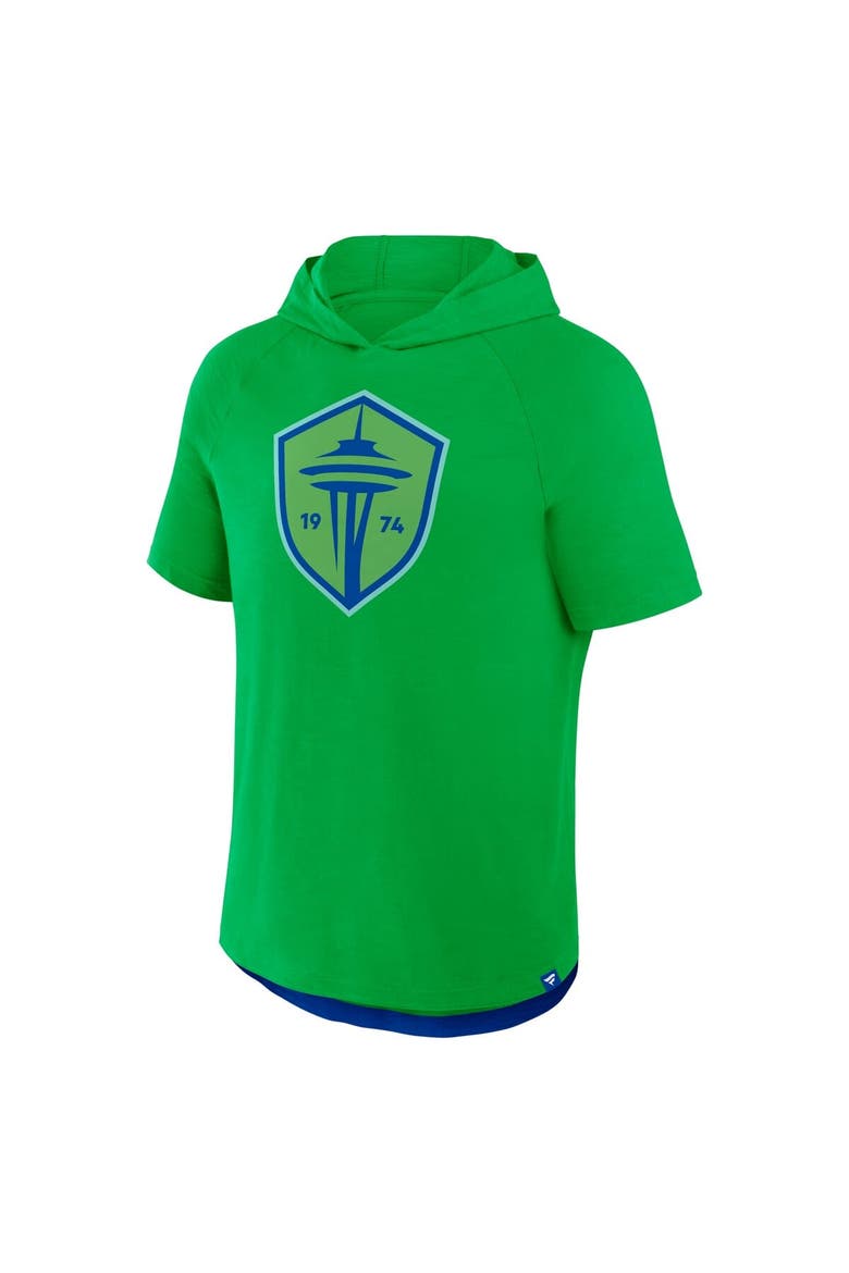 Men's Fanatics Rave Green Seattle Sounders FC Hat Trick Stadium Slub Raglan Short Sleeve Pullover Hoodie, Alternate, color, Green