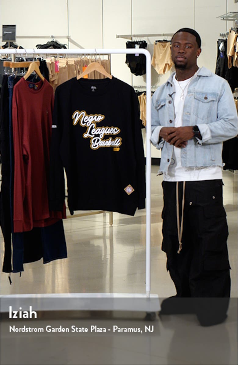 Men's Stitches Black Negro League Baseball Logo Crewneck Sweatshirt, sales video thumbnail