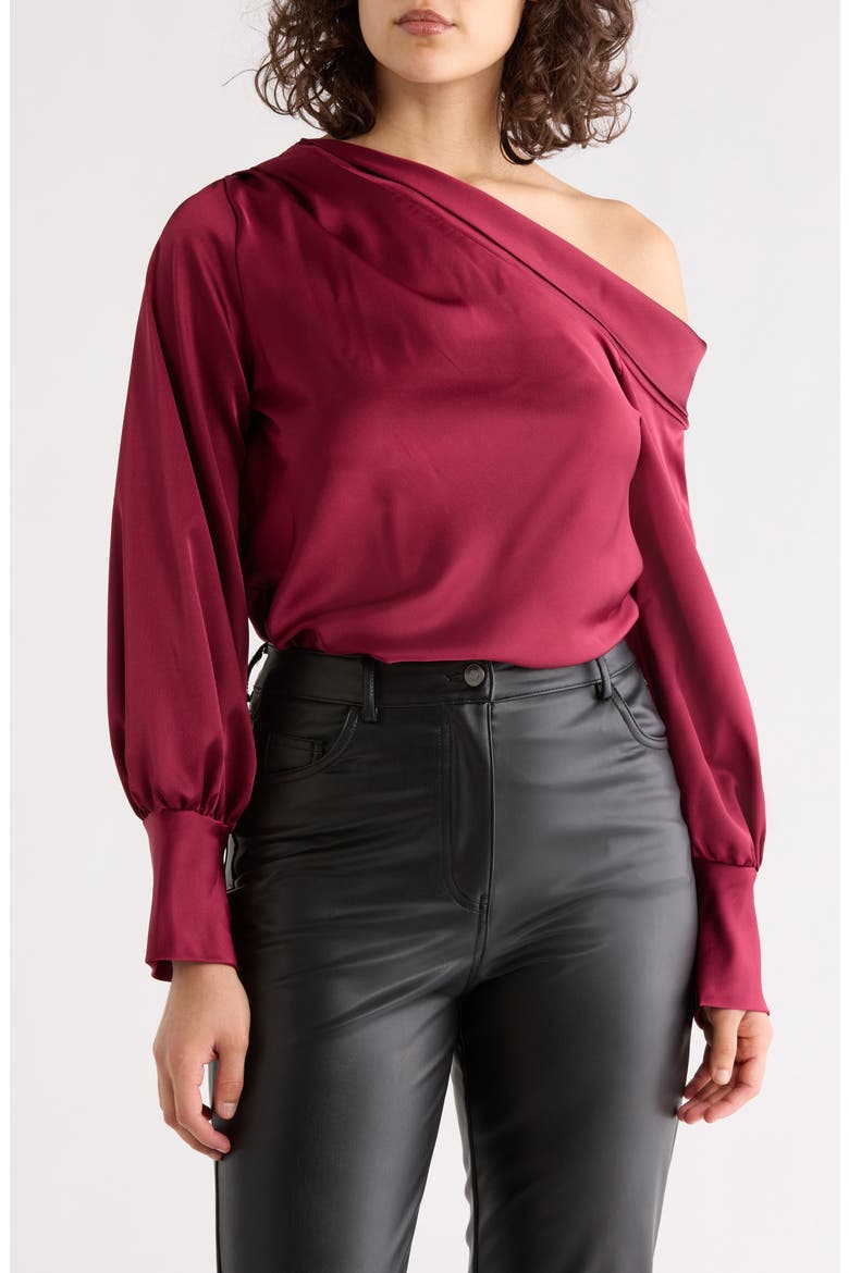 Asymmetrical Drop Shoulder Satin Top, Main, color, BURGUNDY