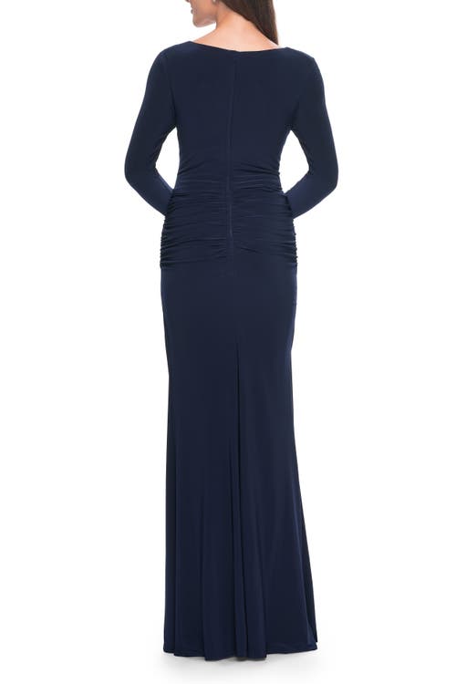 La Femme Long Jersey Evening Dress With Draped Neckline In Navy