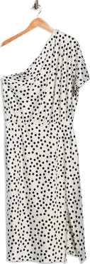 Renee C Polka Dot One-Shoulder Satin Midi Dress