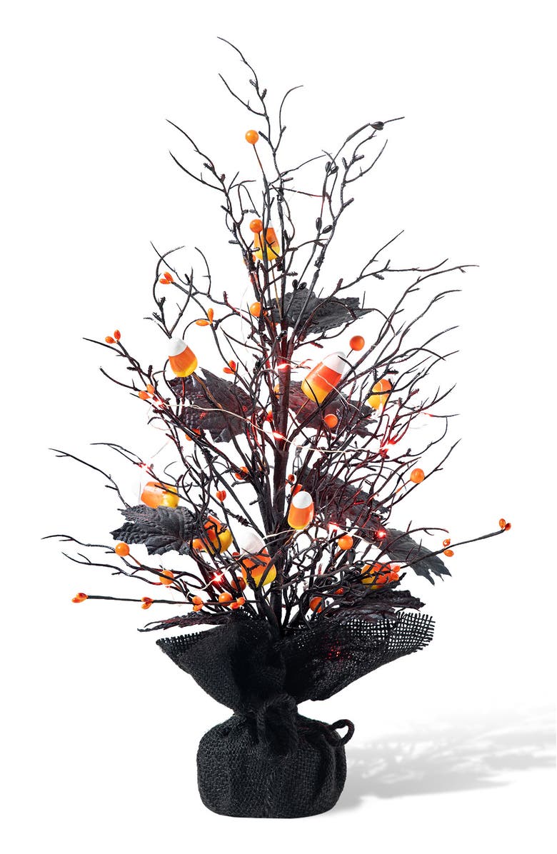 Glitzhome 21"H Lighted Halloween Candy Corn Berries Table Tree, Main, color, Black