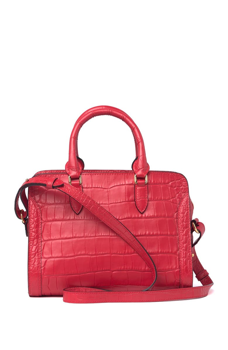 McQueen Croc Embossed Leather Small Zip Shoulder Bag, Alternate, color, 