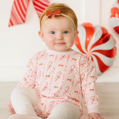 Sweet Wink Candy Cane Lane Christmas Long Sleeve Romper In Pink