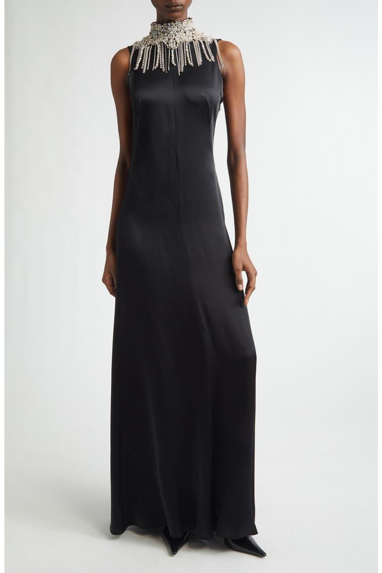 Chain Mail Open Back Satin Gown, Main, color, BLACK