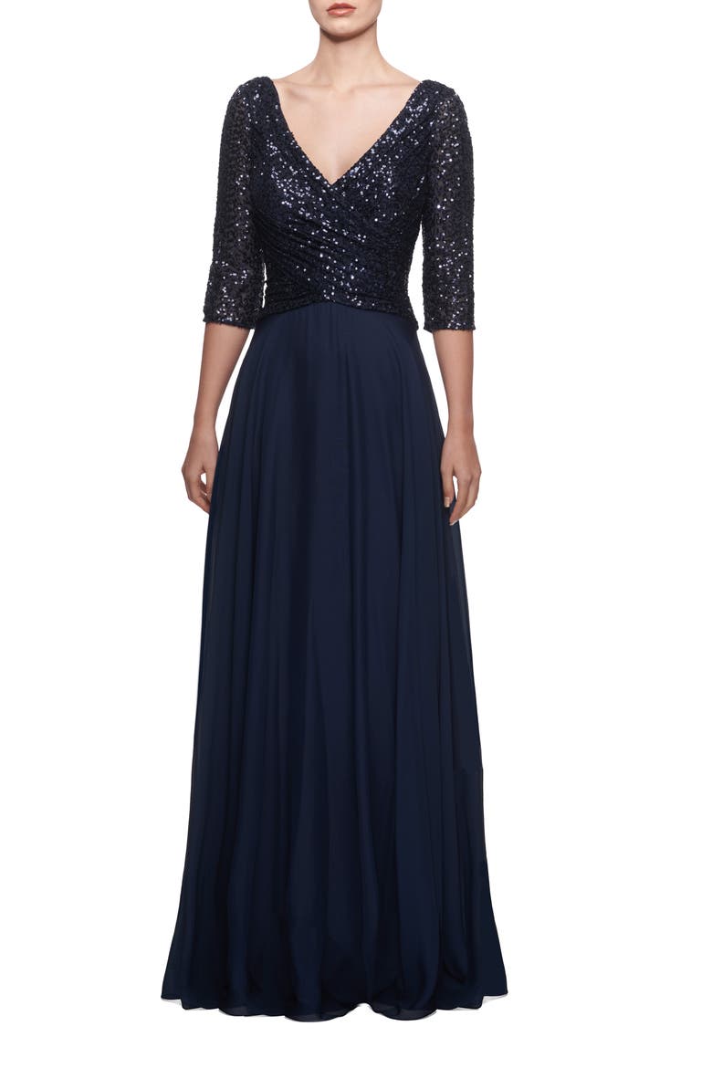 Chiffon & Sequin A-Line Gown, Main, color, NAVY