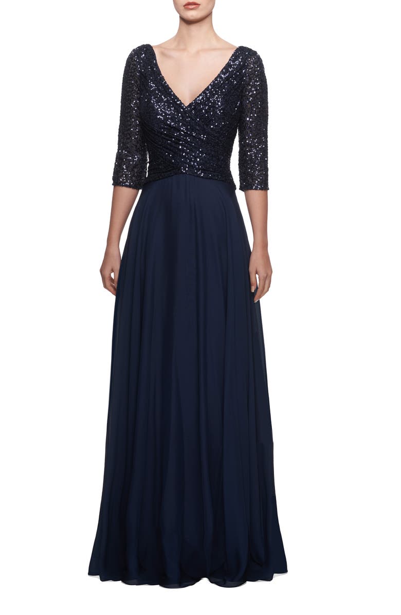 La Femme Chiffon & Sequin A-Line Gown, Main, color,