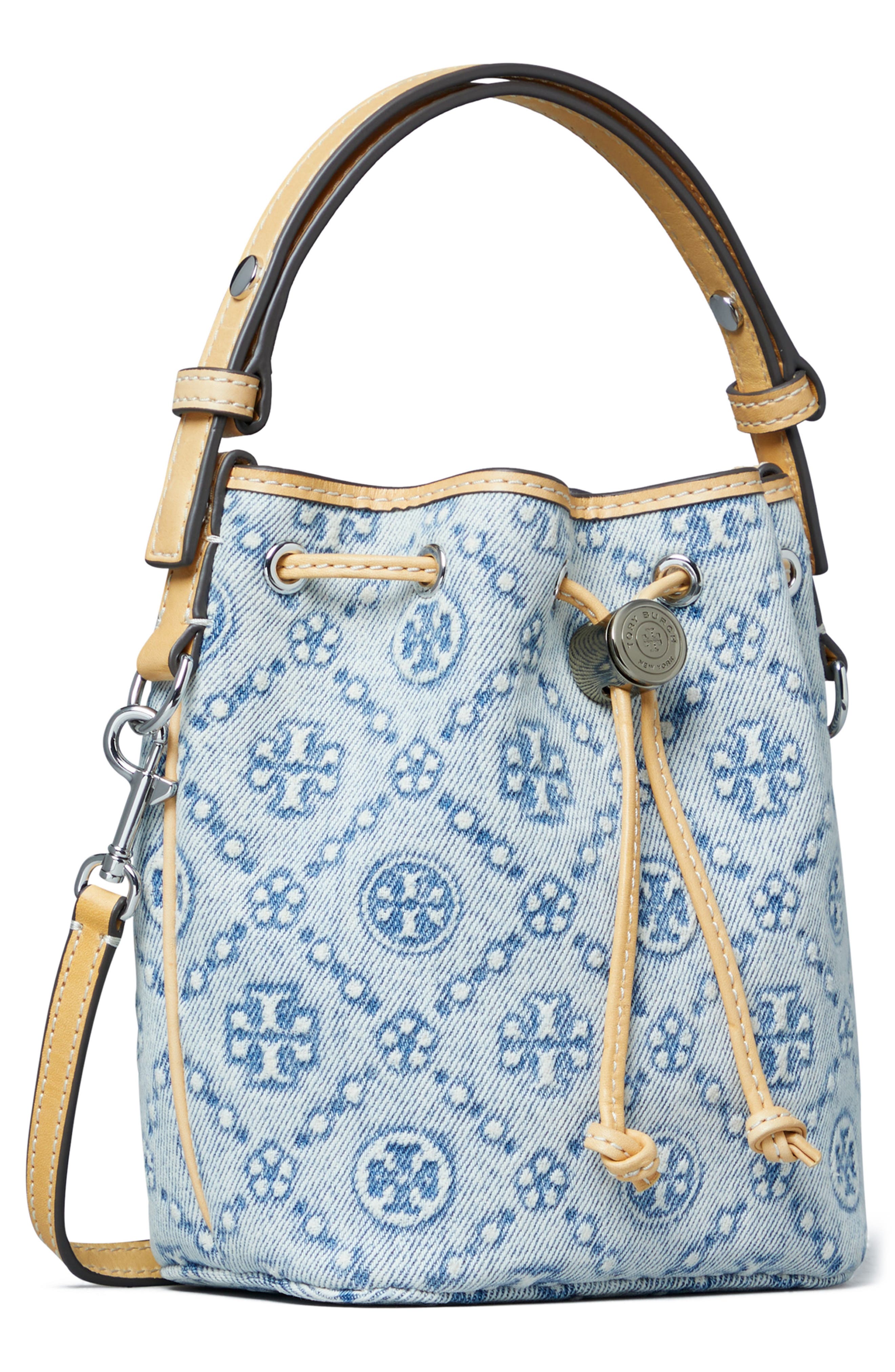 Tory Burch Mini T Monogram Denim Bucket Bag, Alternate, color, Powder Blue