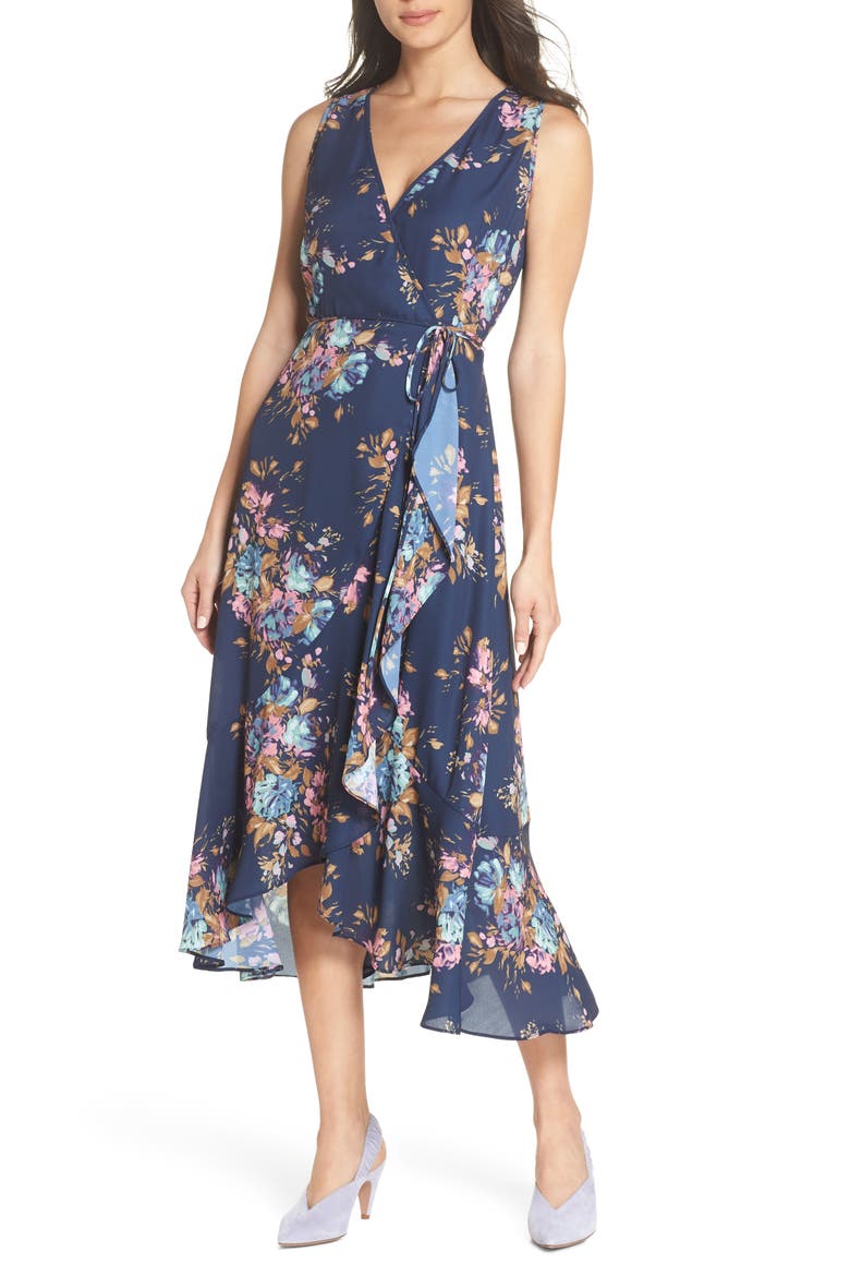 Floral Sleeveless Wrap Dress, Main, color, NAVY FLORAL