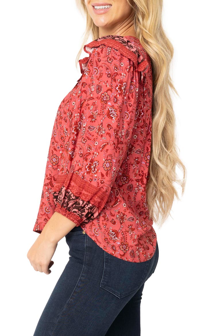 Harvest Moon Border Print Tie Neck Top, Alternate, color, BURGUNDY SPICE BORDER PRINT