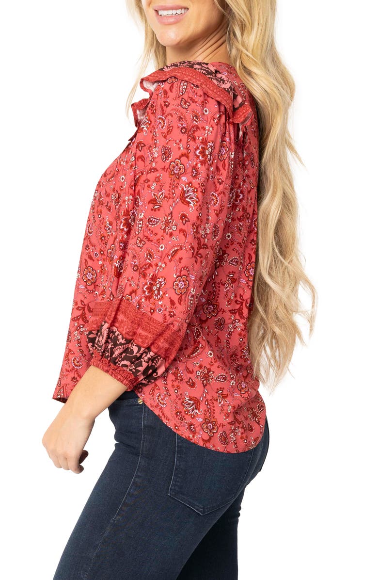 GIBSONLOOK Harvest Moon Border Print Tie Neck Top, Alternate, color, Burgundy Spice Border Print