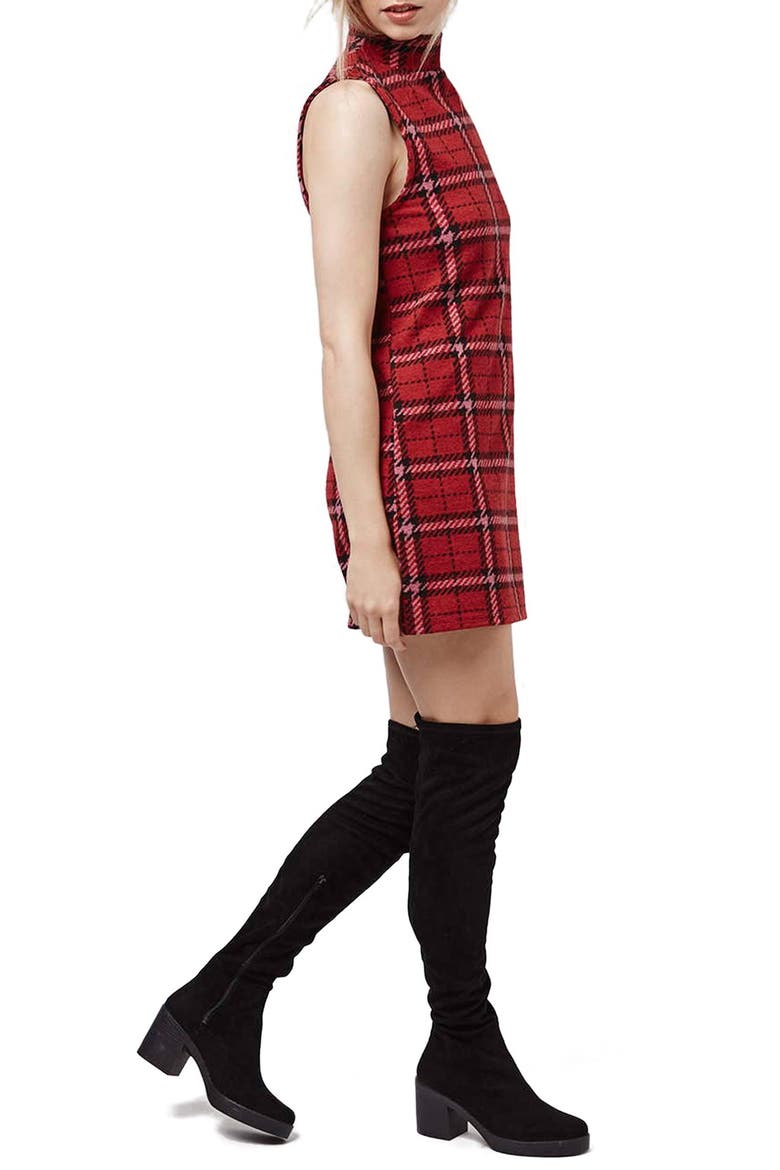 Plaid Funnel Neck Tunic Dress, Alternate, color, RED MULTI