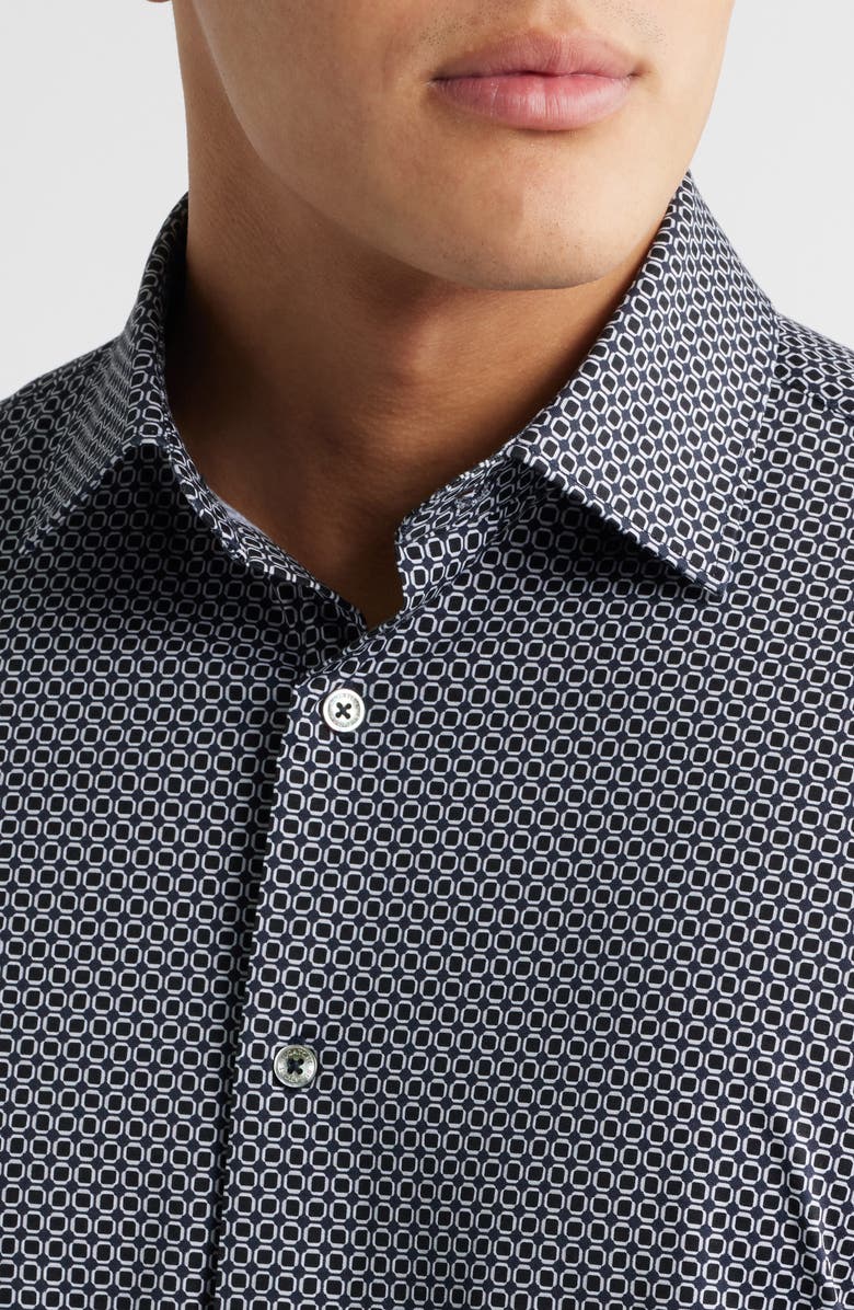 Bugatchi Miles OoohCotton<sup>®</sup> Geo Print Short Sleeve Button-Up Shirt, Alternate, color, Black
