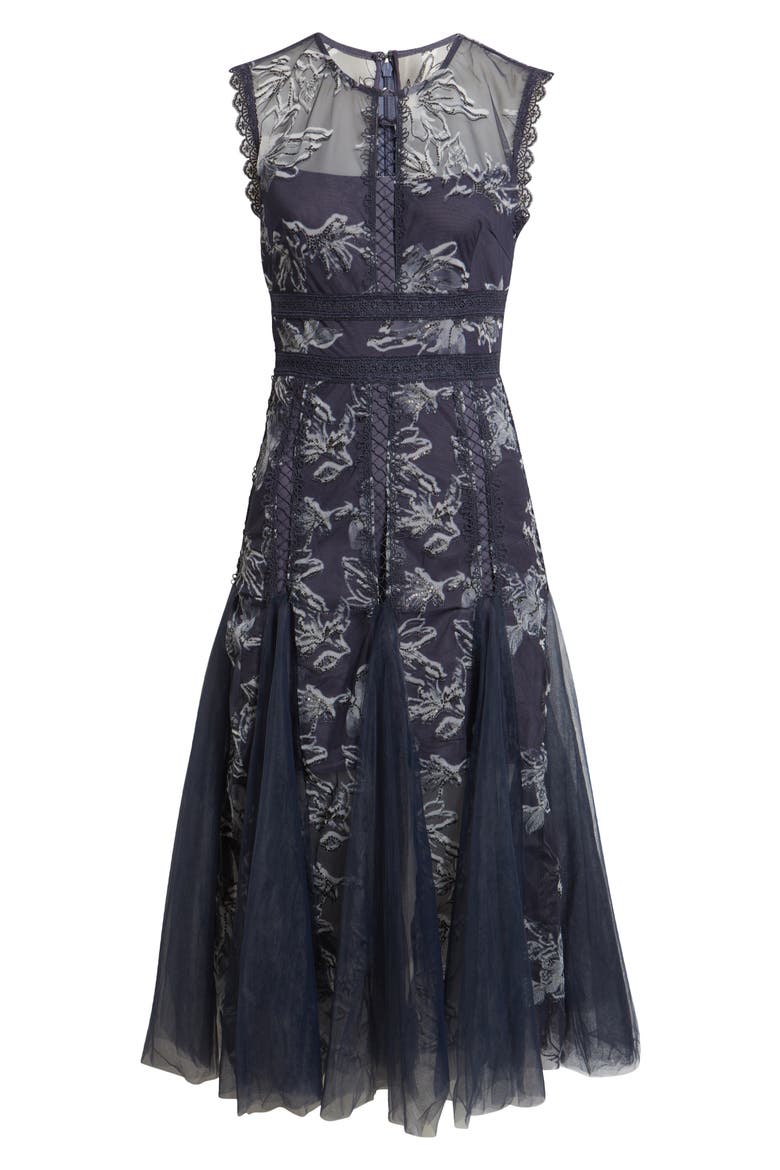 Serenity Floral Jacquard Godet Pleat Cocktail Midi Dress, Alternate, color, NAVY