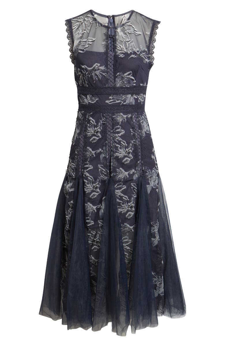 Arose Studio Serenity Floral Jacquard Godet Pleat Cocktail Midi Dress, Alternate, color, Navy