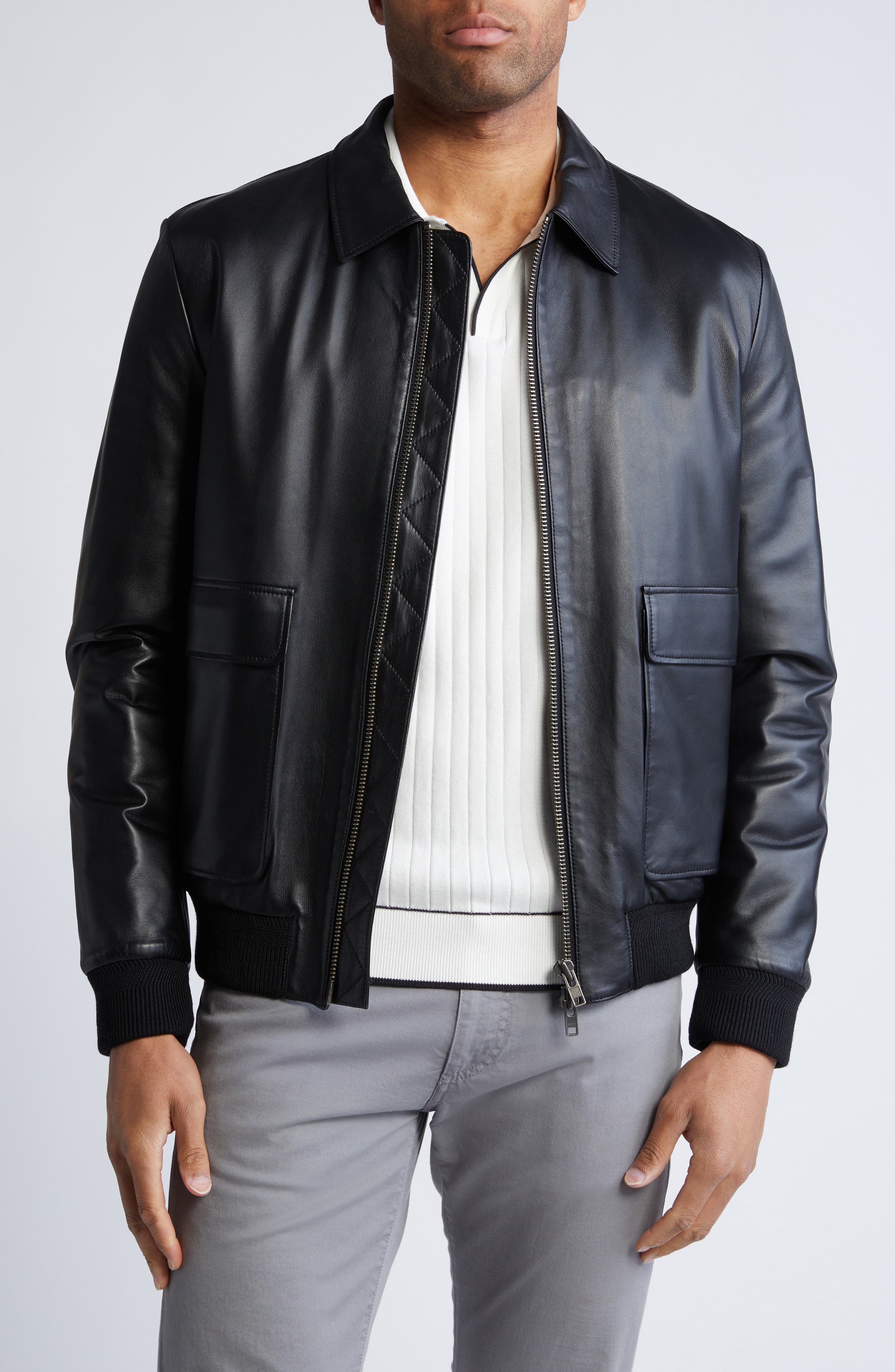 Bugatchi Zip Front Leather Bomber Jacket