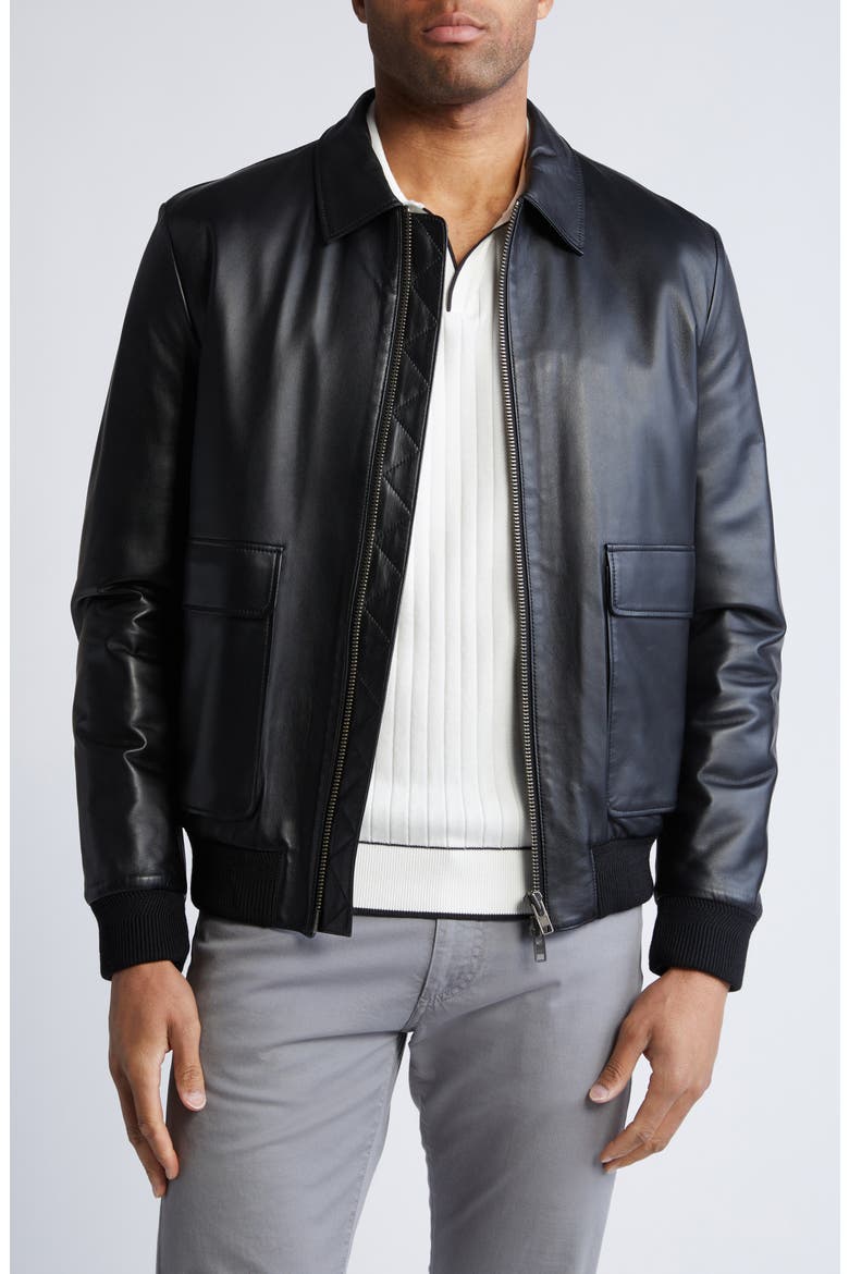 Zip Front Leather Bomber Jacket, Main, color, BLACK