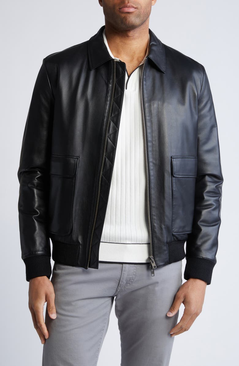 Bugatchi Zip Front Leather Bomber Jacket, Main, color, Black