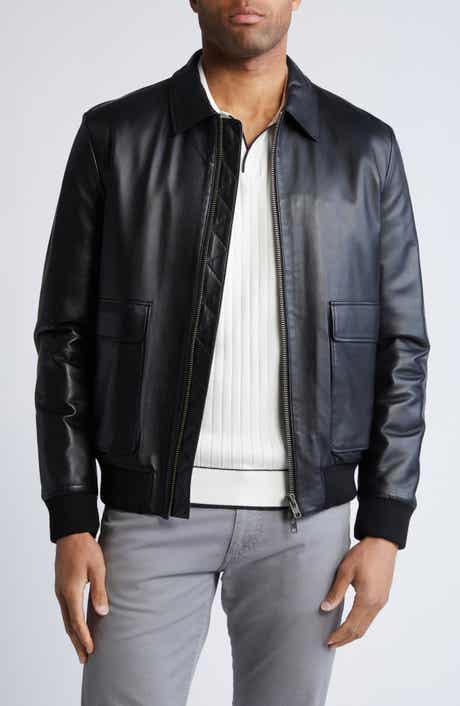 Bugatchi Zip Front Leather Bomber Jacket