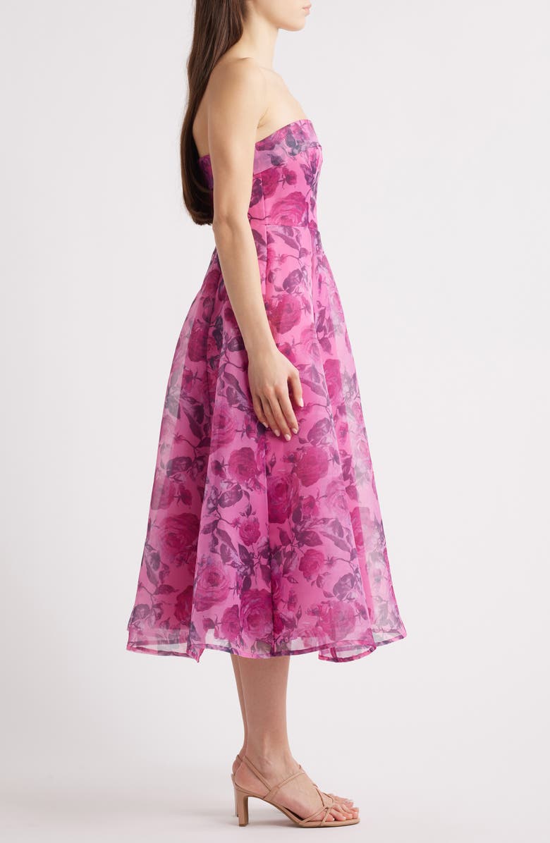 Lulus Elena Strapless Organza Midi Dress, Alternate, color, Berry