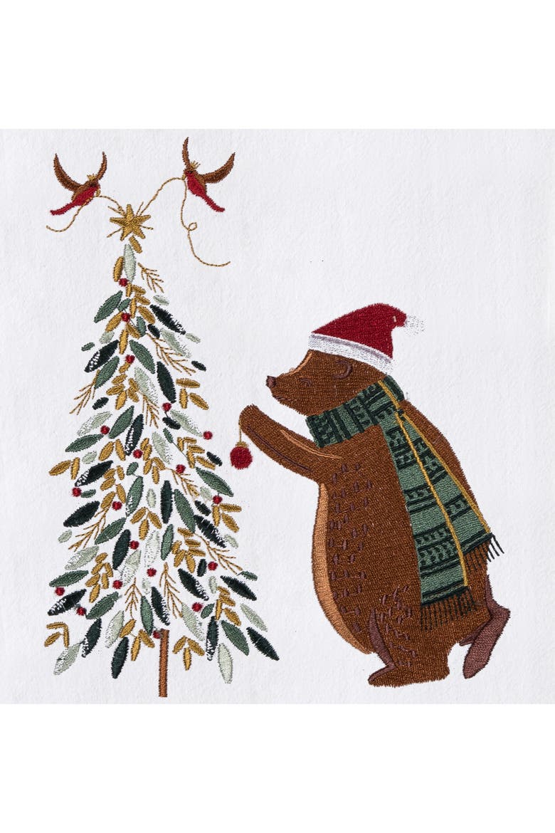 Bear and Birds Decor Christmas Tree Embroidered Towel, Alternate, color, Green