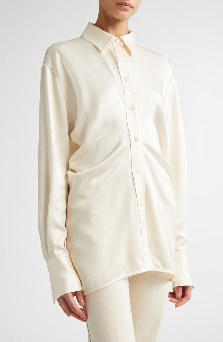 TOTEME Slouch Waist Satin Button-Up Shirt, Alternate, color, Macadamia