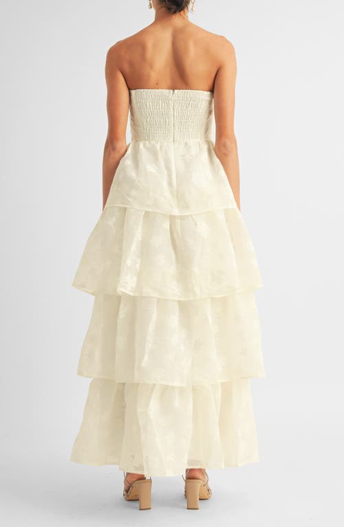 Arose Studio Milan Floral Jaquard Strapless Tiered Gown In White
