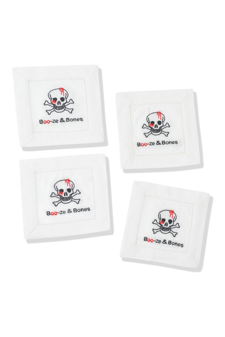 Boo-Ze Bones Embroidered Linen Cocktail Napkins, Main, color, BLACK/ RED