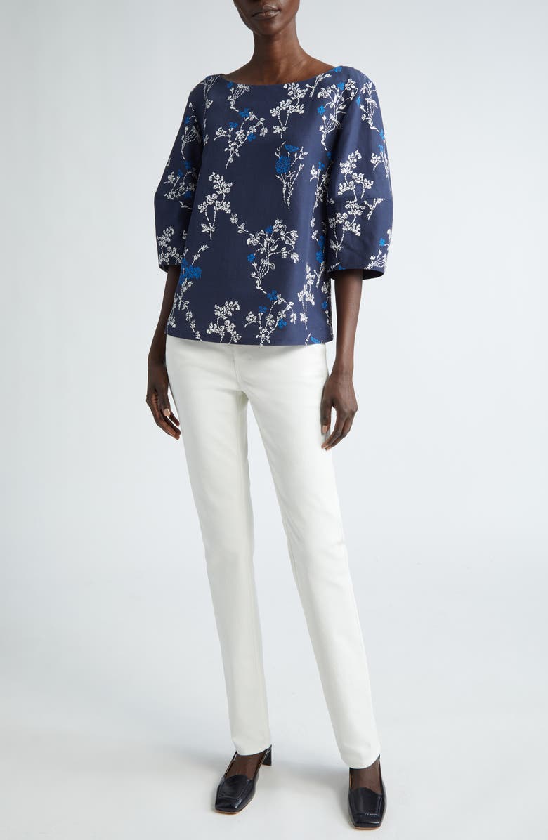 Lafayette 148 New York Floral Lantern Sleeve Silk & Linen Top, Alternate, color,