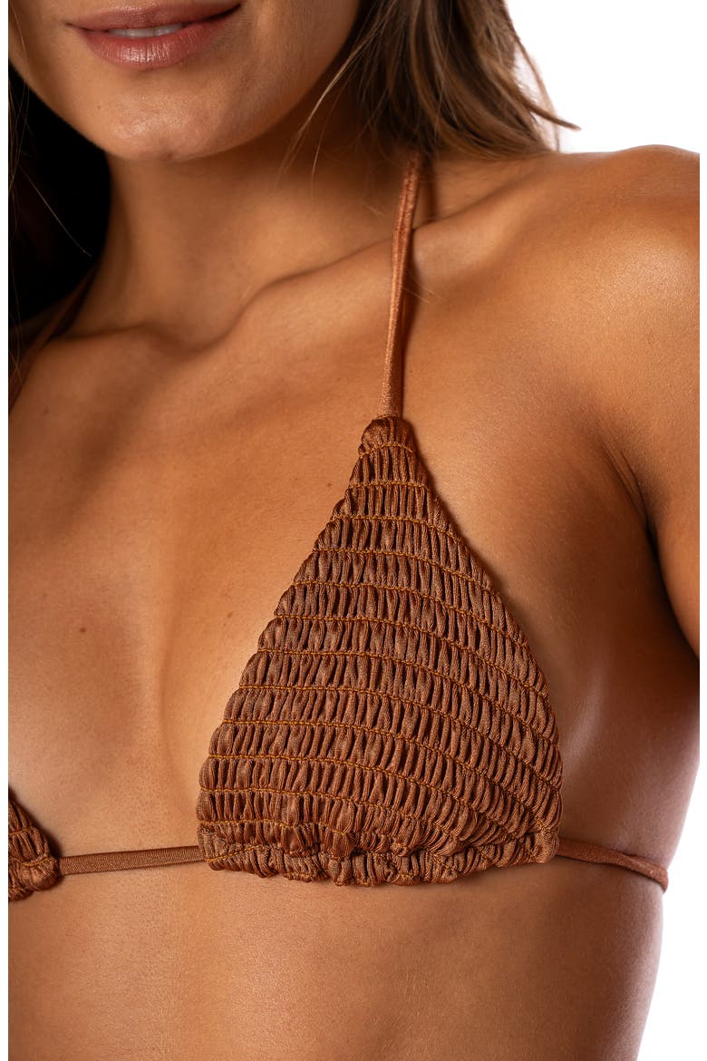Golden Sand Balmy Smocked Triangle Bikini Top, Alternate, color, BROWN