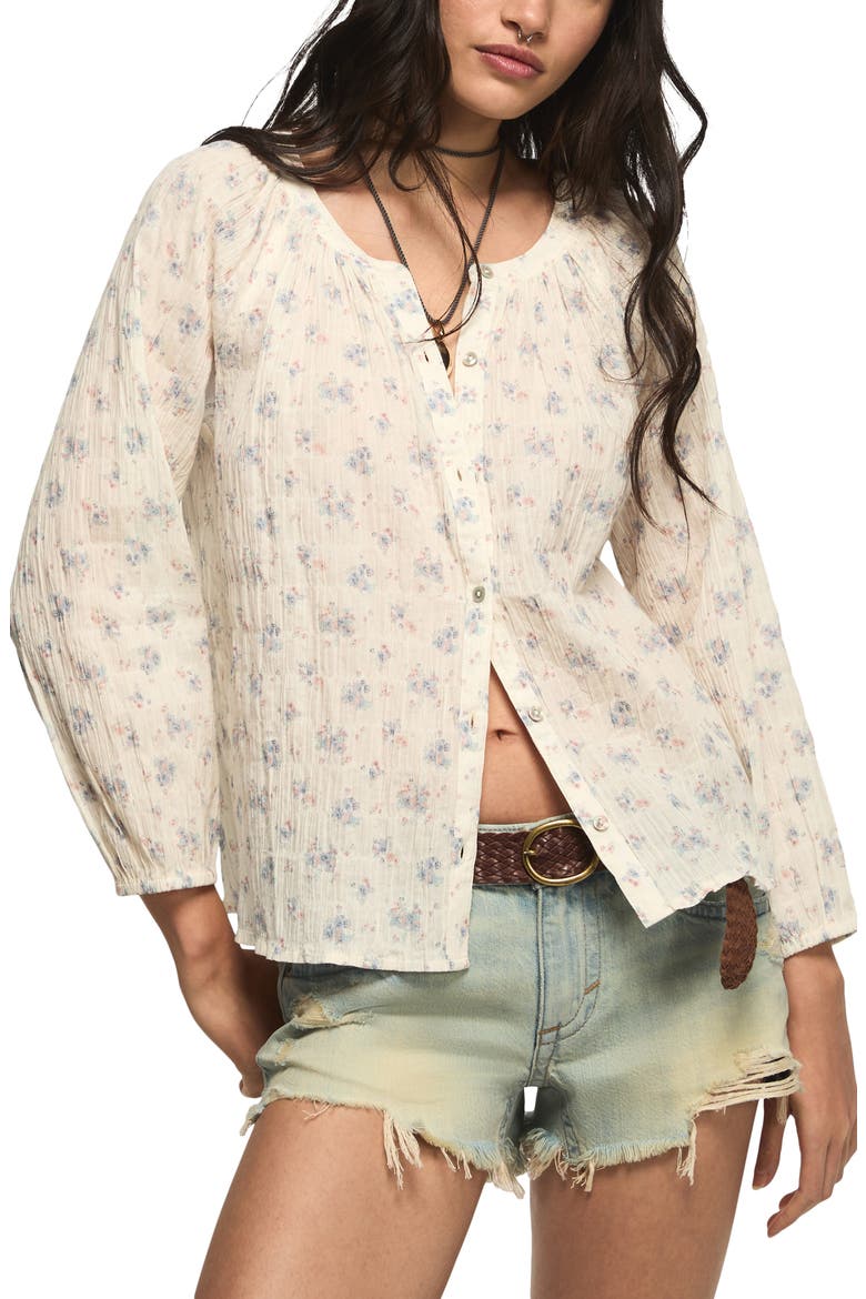 Ditsy Floral Stretch Cotton Button-Up Top, Main, color, CREAM FLORAL