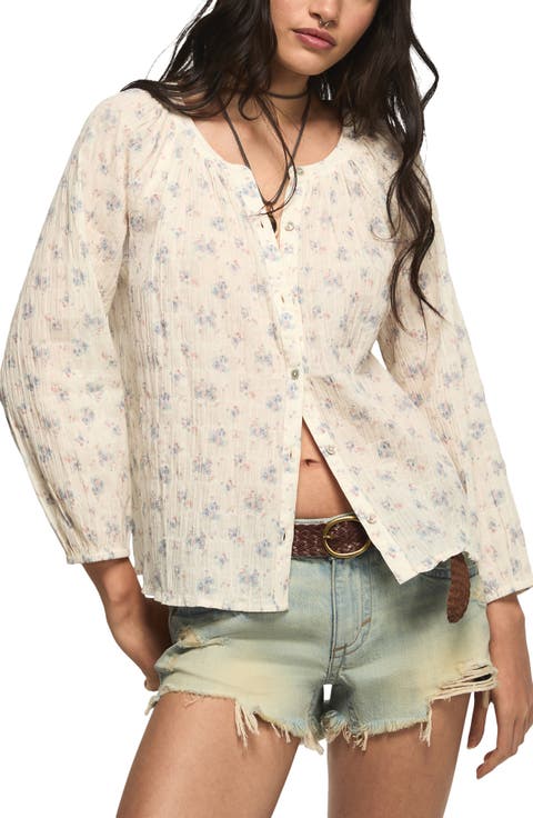 Ditsy Floral Stretch Cotton Button-Up Top
