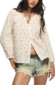 Lucky Brand Ditsy Floral Stretch Cotton Button-Up Top