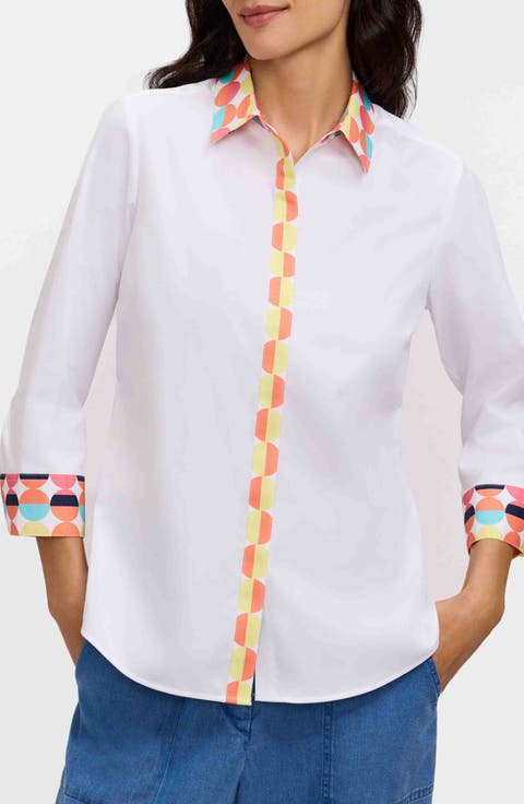 Foxcroft Luna Three-Quarter Sleeve Border Print Button-Up Shirt (Petite)