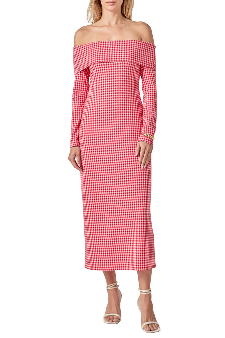 Gingham Long Sleeve Off-the-Shoulder Midi Dress, Main, color, RED