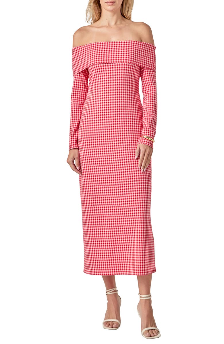 English Factory Gingham Long Sleeve Off-the-Shoulder Midi Dress, Main, color, Red