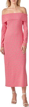 English Factory Gingham Long Sleeve Off-the-Shoulder Midi Dress