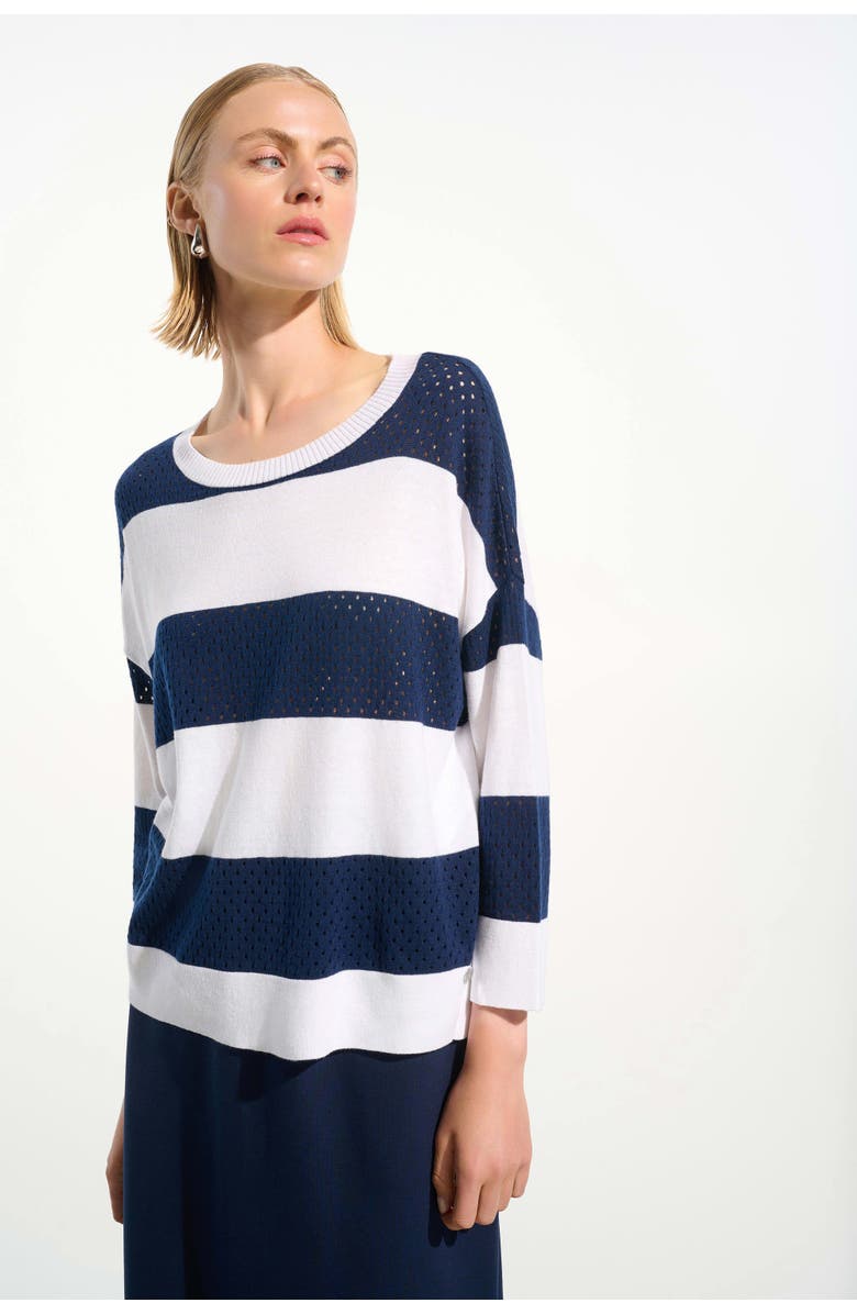 Joseph Ribkoff Cotton Blend Stripe Print Crewneck Sweater, Main, color, Vanilla/Indigo