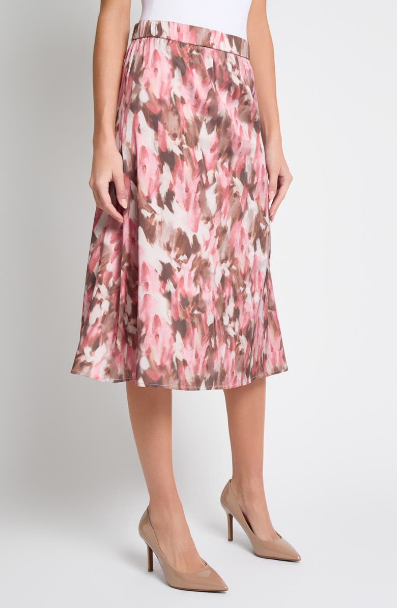 Misook Brushstroke Print Crêpe de Chine Midi Skirt, Alternate, color, Honey Suckle/ Charmeuse/ Multi