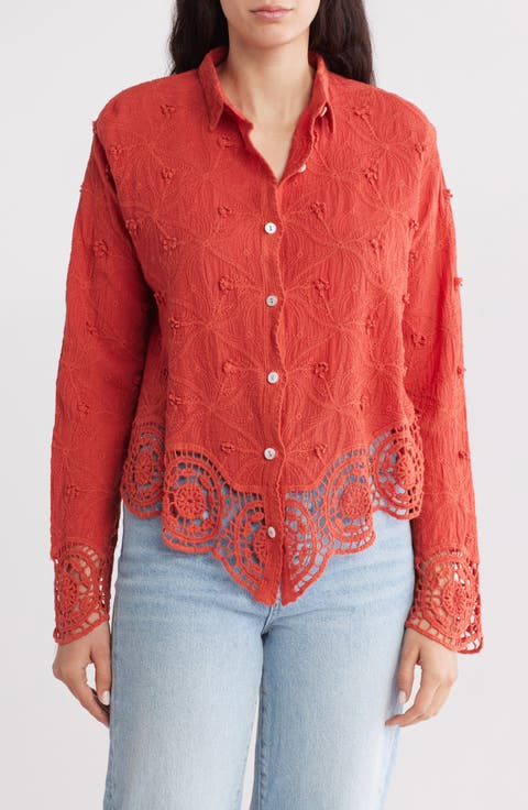 Floral Lace Trim Long Sleeve Button-Up Shirt (Plus)