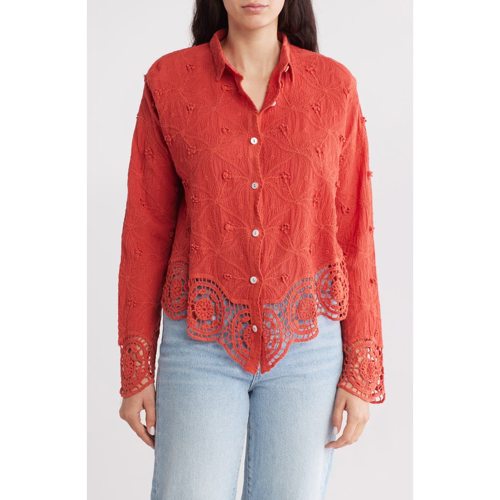 FORGOTTEN GRACE FORGOTTEN GRACE FLORAL LACE TRIM LONG SLEEVE BUTTON-UP SHIRT