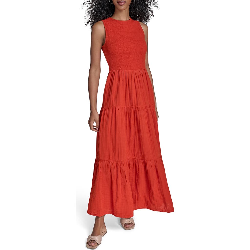 Shop Calvin Klein Smocked Sleeveless Tiered Cotton Gauze Maxi Dress