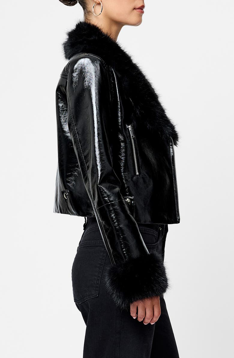 French Connection Camryn Faux Fur Detail Crinkled Moto Jacket, Alternate, color, Black