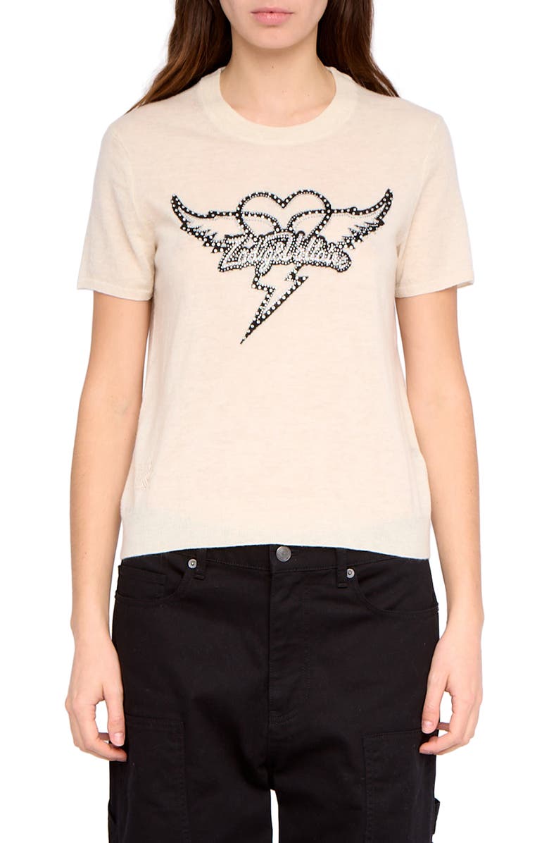 Zadig & Voltaire Idal Aero Heart Crystal Embellished Short Sleeve Cashmere Graphic Sweater, Main, color, Eggshell