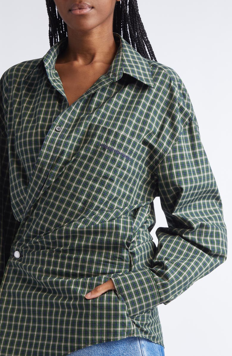 Alexander Wang Long Sleeve Check & Denim Wrap Dress, Alternate, color, Green/ Navy