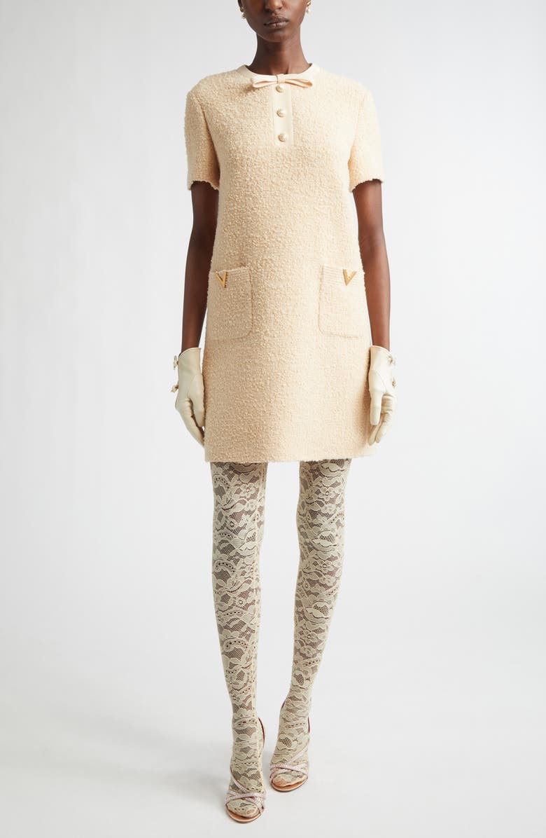 Valentino V-Detail Bouclé Tweed A-Line Dress, Main, color, White