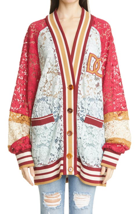 Logo Oversize Colorblock Lace Varsity Cardigan