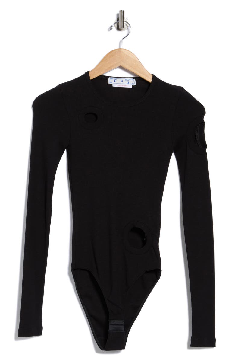Off-White Meteor Rib Long Sleeve Bodysuit, Alternate, color, Black