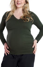 MOTHERHOOD MATERNITY V-Neck Side-Ruched Maternity Long Sleeve Tee