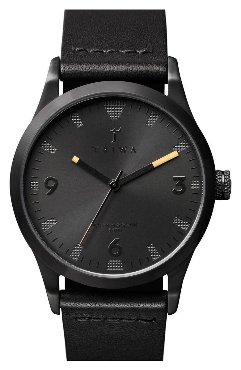 TRIWA Sort of Black Leather Strap Watch, 38mm, Main, color, 